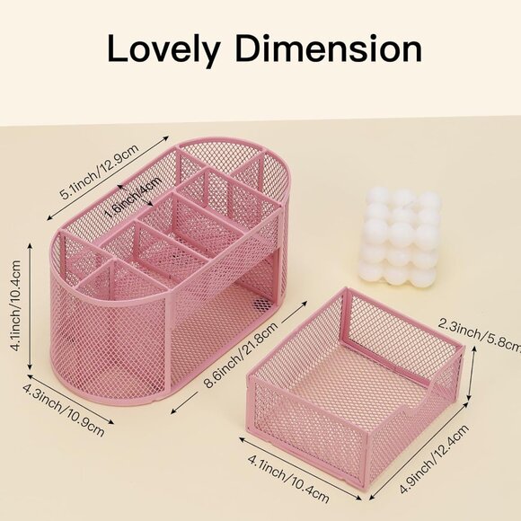 Pink Desk Organizer, Pen Holder for Desk and Accessories, Mesh Desk Organizer wi - Picture 3 of 7
